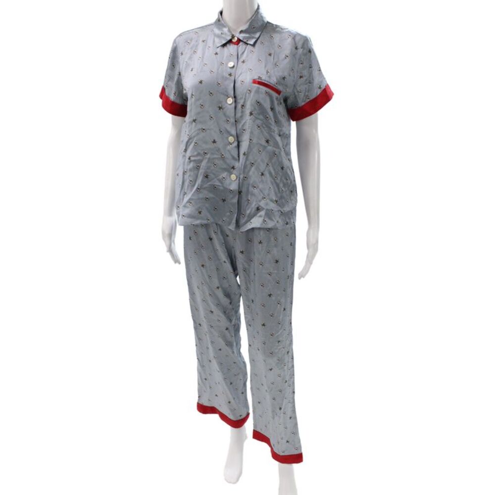 Morgan Lane Womens Silk Floral Print Short Sleeve Pajama Set Blue Size M